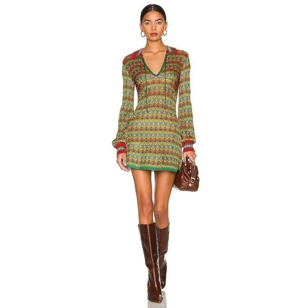 Free People Women’s Milano Multi Green Knit Tulip Mini Sweater Dress